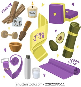 A bright set of illustrations on the theme of Yoga. Vector yoga collection of items: yoga mat, yoga blocks, belt, incense