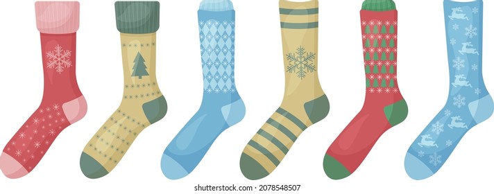 Un conjunto luminoso con la imagen de calcetines calientes navideños en varios colores y con diferentes patrones. Calcetines cálidos con una huella de copos de nieve y árboles de Navidad. Calcetines tipo caricatura. Ilustración del vector