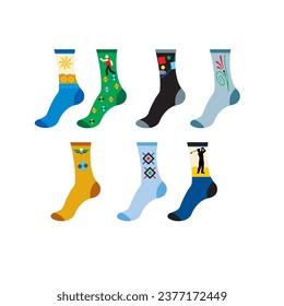 A bright set with the image of Christmas warm socks in various colors and with different patterns. warm socks with a print of snowflakes and Christmas trees cartoon-style socks