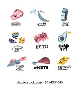 Bright set of keto diet menu products with lettering. Phrases about a low-carb nutritional concept. Design elements for banners, posters, healthy food menus. Vector clipart.
