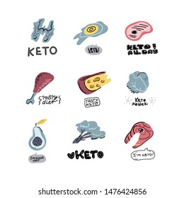 Bright set of keto diet menu products with lettering. Phrases about a low-carb nutritional concept. Design elements for banners, posters, healthy food menus. Vector clipart.