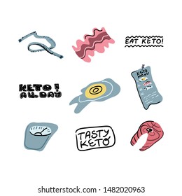 Bright set of keto diet menu products and attributes of weight loss with motivating phrases. Hand drawn lettering. Low-carb nutritional concept. Design elements for banners, posters, healthy food menu