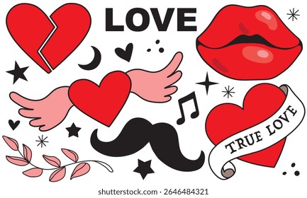 A bright set of lips and moustaches, various hearts, stars and dots, a branch and the inscription LOVE. For stickers, design and decoration