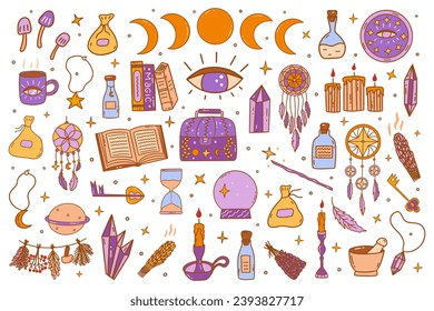 Helles Set von magischen Elementen. Hourglass, Bücher und Kräuter, Traumfänger und Kerzen, Zauberstab und Kristalle, drittes Auge. Farbige Vektorgrafik, einzelne Illustration, handgezeichnet, Doodle-Kollektion