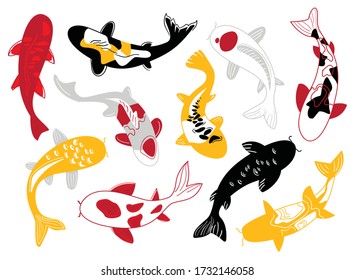
bright set on a white background: isolated flat koi fish, pattern