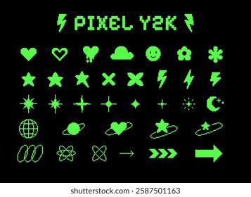 Bright set of pixel green Y2K elements with abstract shapes: hearts, lightning, stars, arrows and others. Vector illustration Retro cyber aesthetics of the 80s-90s. Isolated black background.