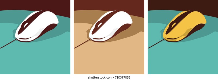 Bright set of pop art posters with image of a computer mouse, vector illustration.