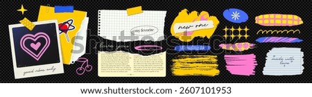 A bright set of retro textured torn paper, including ripped notebook sheets, rough jagged edges, and old newspaper fragments, arranged in a trendy 90s collage style. Photo Frame, brush stroke elements