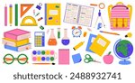 Bright Set of school supplies. Back to school stationery collection. Various accessories for study, student equipment and office