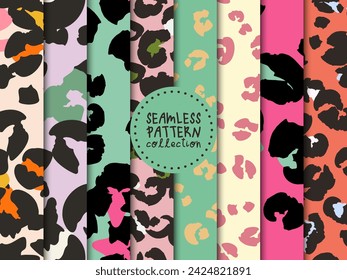 Bright set of seamless patterns, fashion backgrounds with leopard spots in vector