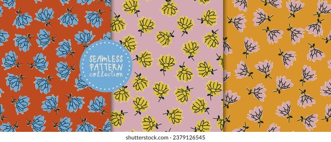 Bright set of seamless patterns with flowers. Floral backgrounds, prints, designs