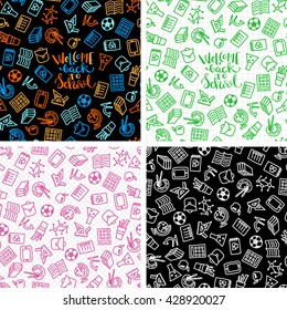 Bright set of seamless patterns with school icons, vector illustration