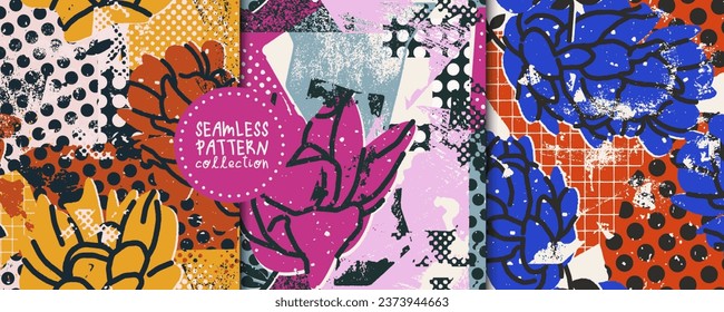 Bright set of seamless patterns with shapes and flowers with different textures. Abstract backgrounds, prints, designs