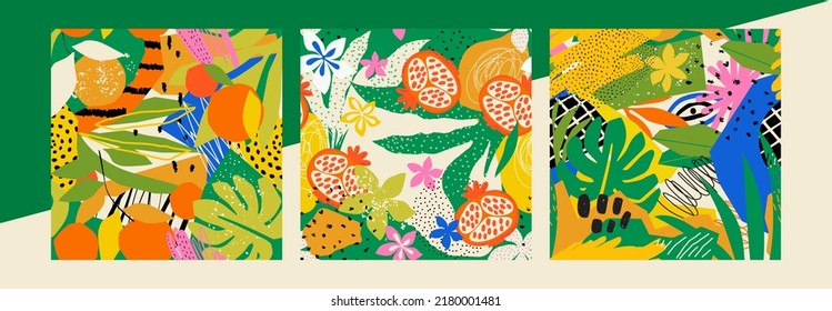 Bright set of seamless patterns. A tropical, mysterious design with various elements of wild vegetation, abstract shapes and flowers is great for clothing, wrapping, wallpaper and more