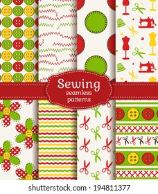 Bright set of sewing and needlework seamless patterns. Vector illustration.