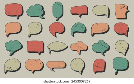 A bright set of speech bubbles with a shadow in a retro vintage style. Each speech bubble is unique in shape, size and color. Text message
