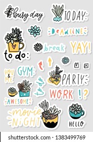 Bright set of stickers for daily planning. Icons and symbols for decoration scrapbooking, wrapping, diary and notebooks. Vector illustration