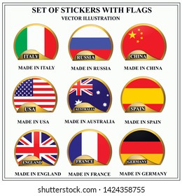 Bright set of stickers with flags. Colorful illustration with flags of the world for web design. Vector illustration with white background.