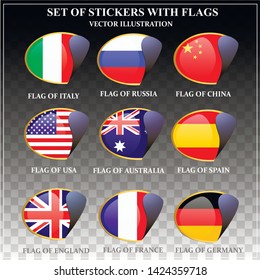 Bright set of stickers with flags. Colorful illustration with flags of the world for web design. Vector illustration with transparent background.