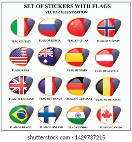 Bright set of stickers with flags. Colorful illustration with flags of the world for web design. Vector illustration with white background.