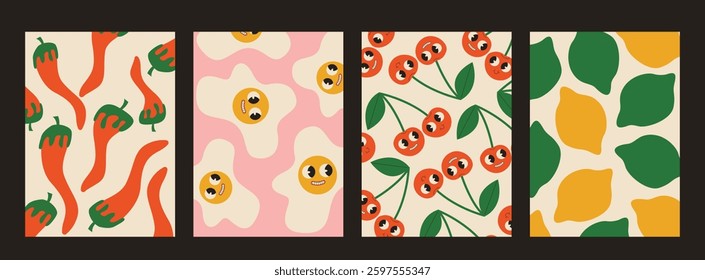 A bright set of stylized food illustrations in retro pop art style. Drawings with chili peppers, smiling eggs, cherries and lemons create a fun and modern pattern. Perfect for prints, textile design, 
