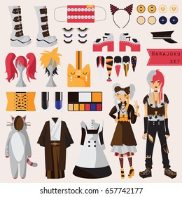 Bright set with subculture of japanese harajuku street fashion, couple in visual kei style with accessories for cosplay and creative fashion, Kimono, maid dress, nails, wigs, shoes on high platform 