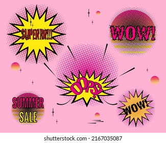 Bright set with summer stickers, badges, stickers. Summer sale banner here. Vector illustration in vibrant 90s colors.