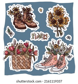 Bright set with summer vector elements on blue backgrounds, Set with boots with flowers, sneakers and different flowers
