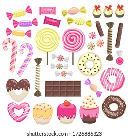 bright set with sweets lollipops donuts candy muffins chocolate candies