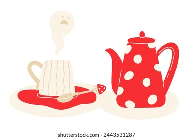 A bright set of a teapot and a cup with a hot drink in the amanita style