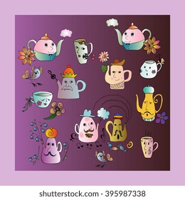 Bright set of teapot and cups. Cartoon illustration. Cute tray or  tablecloth. Vector image.