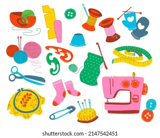 Bright set of tools for needlework. Handmade set: sewing machine, scissors, spools of thread, buttons, needles in a needle case, meter, thimble, pin, skein, hoop, knitting needles and hook. Vector