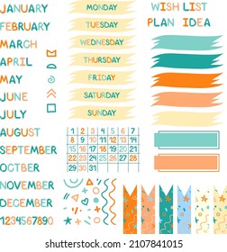 bright set of tools for planning. beautiful colored inscriptions of months and days of the week. creative stickers for taking notes and keeping non-boring to-do lists. vector illustration