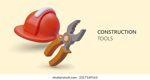 Bright set of tools for worker. Red safety helmet and pliers. Poster for construction companies, repairmen, locksmiths. Modern 3D illustration with place for announcement, offer