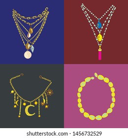 Bright set with trendy multiple necklaces, chains. Jewelry background. vector