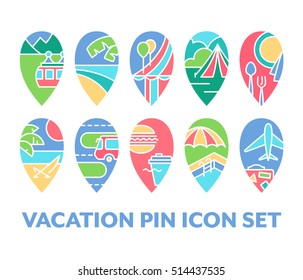 Bright set of vacation pin icons, vector pack of color design navigation symbols. 