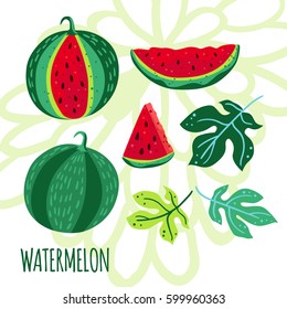 Bright set of watermelon slices and leaves. Vector illustration.