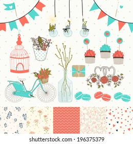 Bright set for wedding design. Save the date.  The set includes macaroon, flags, flowers, hearts, birdcage, seamless floral patterns. Eps 10