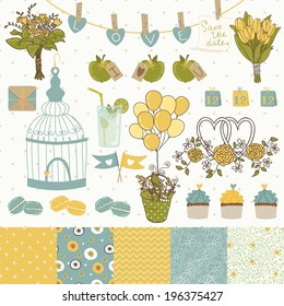 Bright set for wedding design. Save the date. The set includes macaroon, flags, flowers, hearts, birdcage, balloons seamless floral patterns