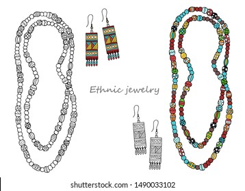 Bright set of women's ethnic jewelry: beads and earrings. Hand-drawn. Vector