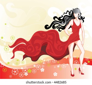 The bright sexy girl standing in the developing dress