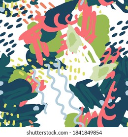Bright Shape African Vector Seamless Pattern. Textile Scribble Background. Red and Blue and Green Floral Design. Abstract Drawing Collage.