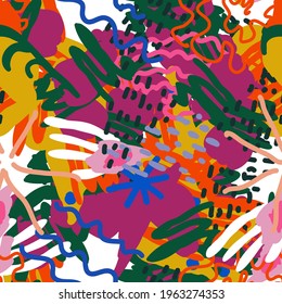 Bright Shape Graphic Vector Seamless Pattern. Creative Drawing Texture. Orange and Magenta Different Design. Artistic Doodle Illustration.