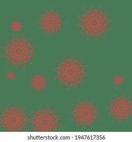 Bright Sharp Christmas Color Chaotic Pattern. Winter Print Santa New Year Mandala Illustration. Red Dark Green Ornamental Night Sky Background. Stars Holiday Snowflakes Emerald Composition.