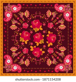 Bright  shawl with roosters in folk style, red roses, paisley, garlands of tiny flowers jn brown background and ornamental border. Fashionable accessory. Vintage style.
