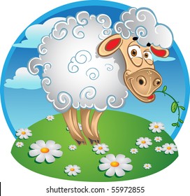 Bright sheep with blade of grass on color background