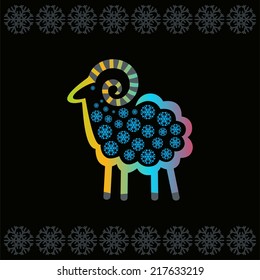 Bright sheep on a black background with snowflakes