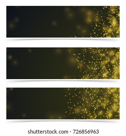 Bright shimmering fireworks sparks over dark background cards collection. Abstract Elegant Bokeh Light Fashion Flyer. Vector illustration