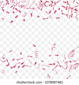 A bright shine of confetti. Abstract background with falling red tiny confetti. Luxury festive background for your design, cards, invitations, gift, vip. Vector.