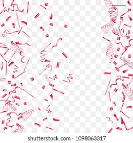 A bright shine of confetti. Abstract background with falling red tiny confetti. Luxury festive background for your design, cards, invitations, gift, vip. Vector.